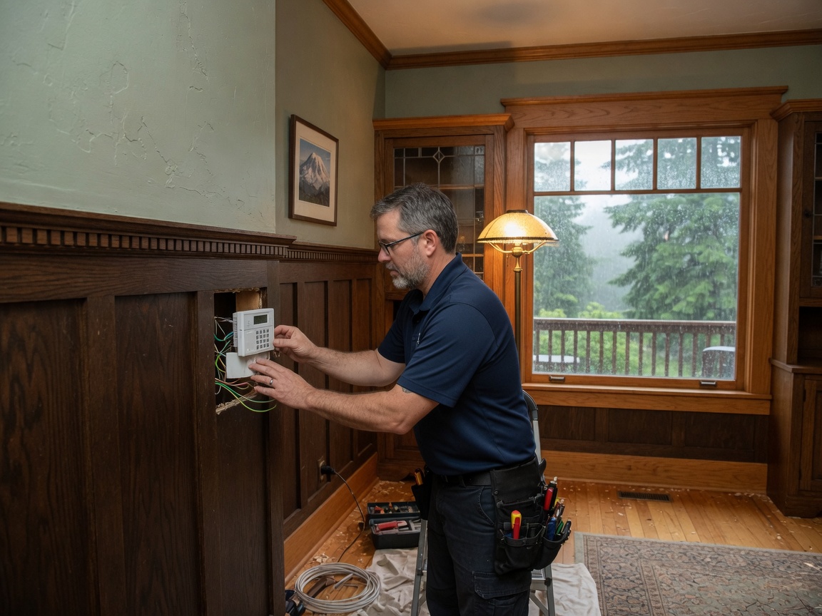 Technician installing a keypad in a Seattle home